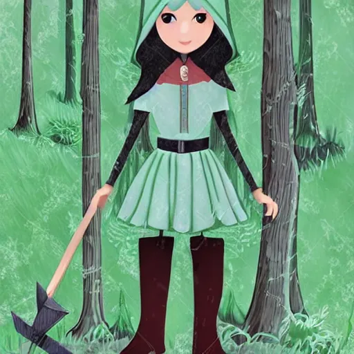 Prompt: Little Green Riding Hood: Wolf Hunter, portrait fantasy axe forest misty