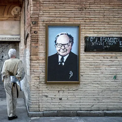 Prompt: A photograph of a Banksy painting of Warren Buffet in Venice