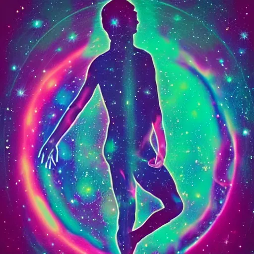 Prompt: A psychedelic silhouette of a human body filled with the universe, planets, stars and galaxies