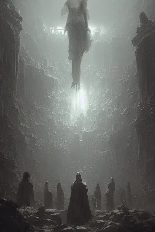 Prompt: people from cult, lit by the light of gods, abandoned by gods, hyperdetailed artstation cgsociety by greg rutkowski and by Gustave Dore