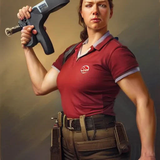 Image similar to epic portrait a slightly muscular woman wearing short sleeved uniform and carrying a red power tool drill, detailed, centered, digital painting, artstation, concept art, donato giancola, Joseph Christian Leyendecker, WLOP, Boris Vallejo, Breathtaking, 8k resolution, extremely detailed, beautiful, establishing shot, artistic, hyperrealistic, beautiful face, octane render