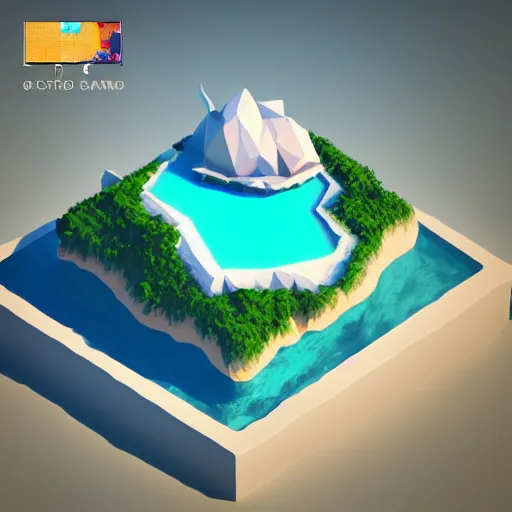 Prompt: a floating island on an ocean isometric art, low poly art, game art, artstation, 3D render, ultra detailed, cgsociety, unreal engine 5