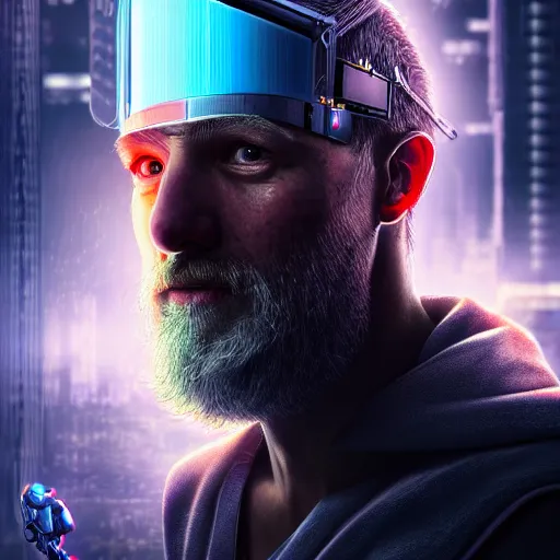 Image similar to a wizard is a cyborg, cyberpunk, exobiology, hyper realistic, hyper detailed, realistic picture, epic game portrait, high angle shot, Long shot, 4k post-processing highly detailed, , 35mm, Kodachrome film, photograph