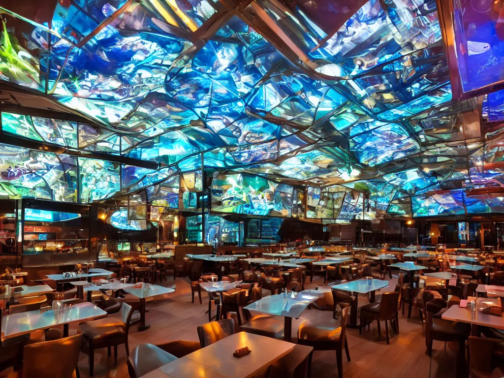 Image similar to screens with curved translucent screens projecting detailed sci - fi art, pixel perfect photograph, high contrast, volumetric lighting, thin glowing lights, restaurant, chairs, users, pair of keys