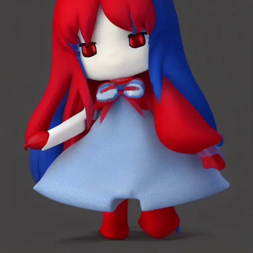 Prompt: cute fumo plush of a girl with a distinctive character silhouette, red and blue, cel shaded pbr, vray