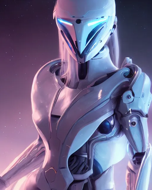 Image similar to perfect android girl on a mothership, warframe armor, beautiful face, scifi, futuristic, galaxy, nebula, raytracing, dreamy, long white hair, blue cyborg eyes, sharp focus, cinematic lighting, highly detailed, artstation, divine, by gauthier leblanc, kazuya takahashi, huifeng huang