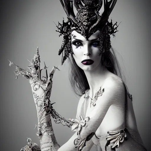 Image similar to a portrait of female model by stefan geselle, nekro borja and peter kemp, dark fantasy, ornate headpiece, dark beauty, photorealistic, canon r 3, photography