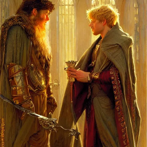 Image similar to stunning arthur pendragon in love with stunning male merlin the mage. they are close to each other. highly detailed painting by gaston bussiere, craig mullins, j. c. leyendecker