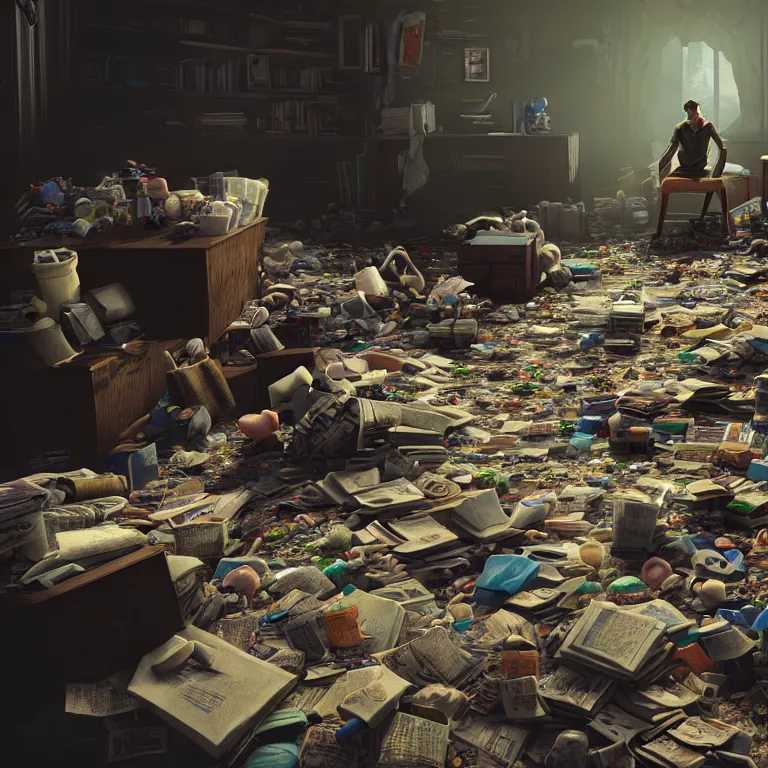 Image similar to a cinematic shot of a hoarder in a room filled with garbage, stacks of newspaper, piles of toys, octane render, volumetric lighting, nvidia raytracing demo, by Andy Thomas, Mario Martinez, Daniel Mirante, Gustave Dore, Artstation, CGsociety, masterpiece