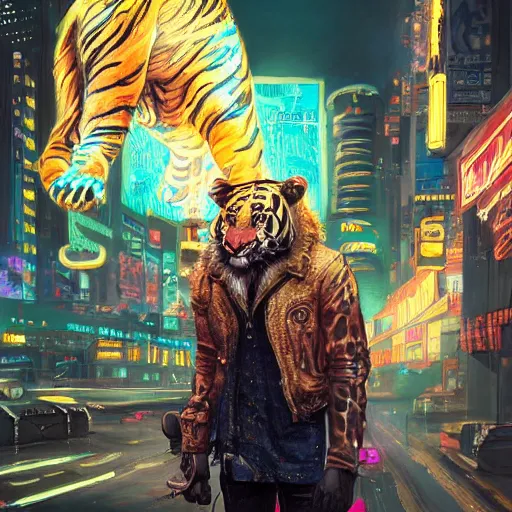 Prompt: a beautfiul award winning commission portrait of an anthro tiger in the neon cyberpunk city at night,wearing a leather jacket,glow effect,detailed face,photorealistic,character design by charles bowater,ross tran,deviantart,artstation,digital art,hyperdetailed,realistoc,western comic style,vfx,dramatic,dream-like
