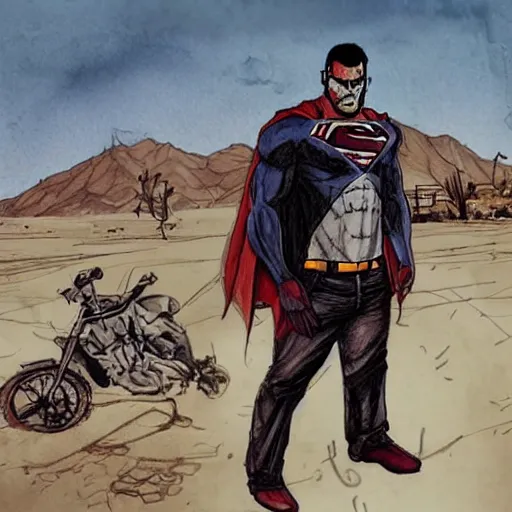 Image similar to black pen sketch of a superman zombie in a post - apocalyptic desert, gta 5 cover art style, the desert is in watercolor, elephant skull, pencil, intermediate art, paper art, pencil, bold lines, humans with apocalypse clothes on in the background, by an gta 5 loading screen artist