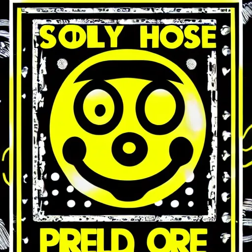 Image similar to acid house rave flyer, poster, smiley face, florescent yellow and black