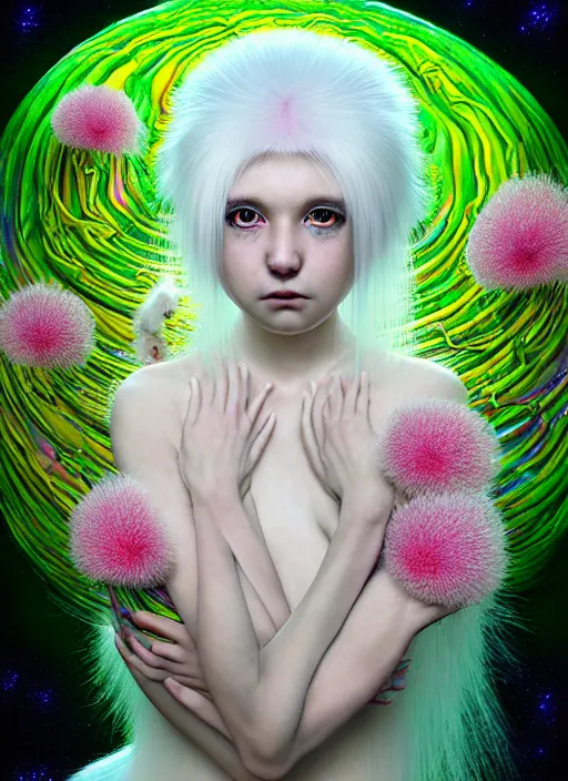 Image similar to hyper detailed 3d render like a Oil painting - kawaii portrait Aurora (white haired Singer Ferret) seen Eating of the Strangling network of yellowcake aerochrome and milky Fruit and Her delicate Hands hold of gossamer polyp blossoms bring iridescent fungal flowers whose spores black the foolish stars by Jacek Yerka, Mariusz Lewandowski, Houdini algorithmic generative render, Abstract brush strokes, Masterpiece, Edward Hopper and James Gilleard, Zdzislaw Beksinski, Mark Ryden, Wolfgang Lettl, hints of Yayoi Kasuma, octane render, 8k