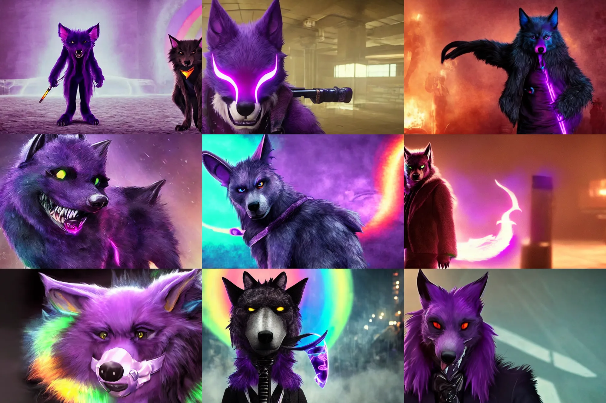 Prompt: ( with a glowing rainbow tail ) a purple wolfbat fursona ( from the furry fandom ) wearing an eyepatch, as a screenshot from the john wick movie series