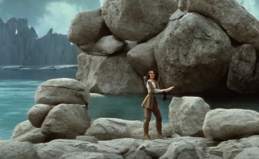 Prompt: screenshot of Princess Leia lifting floating rocks outside a Jedi Temple scene from The Force Awakens, 1970s film by Stanley Kubrick, serene, iconic scene, stunning cinematography, hyper-detailed, sharp, anamorphic lenses, kodak color film, 4k