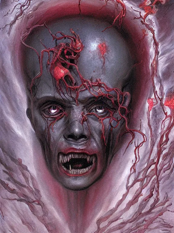 Image similar to painting by wayne barlowe of a flying sorrowful looking human head with tears running down it's eyes, face that is chalk white in color, with long sprawling white tentacles stemming down it's neck, fiery scorching red eyes, flying in a terrying hellish dark cavernous place