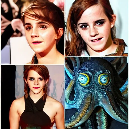 Image similar to emma watson as a cursed octopus monster, satanism, lovecraftian horror, eldtritch horror, sinister