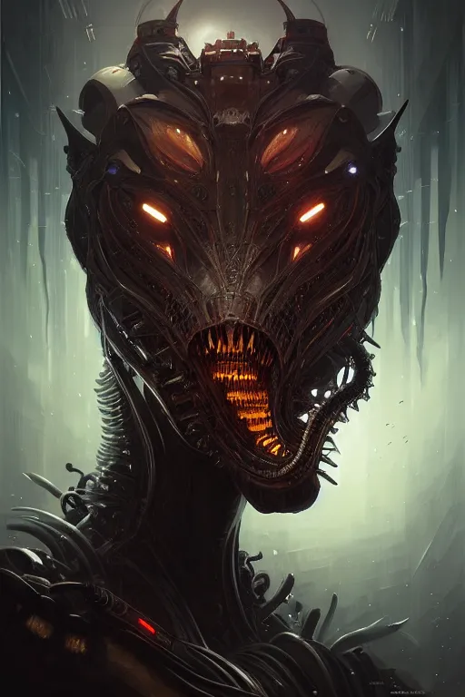 Image similar to professional concept art portrait! of a terrifying! mechanical predatory! fractal! species in a dark room by artgerm and greg rutkowski. an intricate, elegant, highly detailed digital painting, concept art, smooth, sharp focus, illustration, in the style of cam sykes.