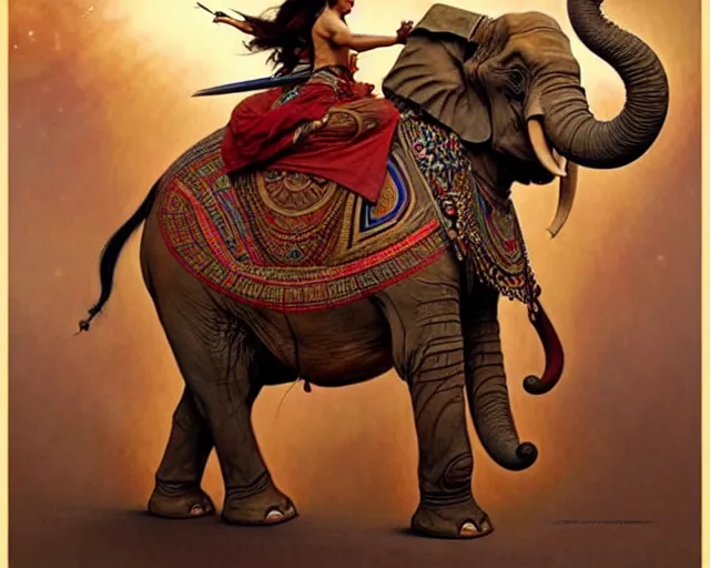 Prompt: magic tribal ethnic asian female, riding a war elephant, gorgeous lighting by weta studio, mucha, bautista and norman rockwell and greg rutkowski and tom bagshaw and james gurney and lucasfilm