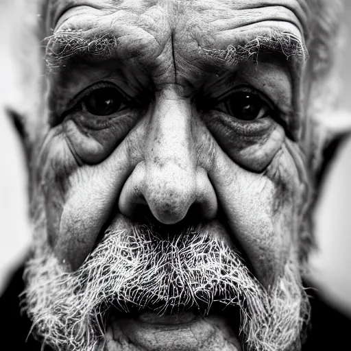 Prompt: symmetrical, close up face portrait of old man, scowling, studio lighting, depth of field, photography, black and white, highly detailed