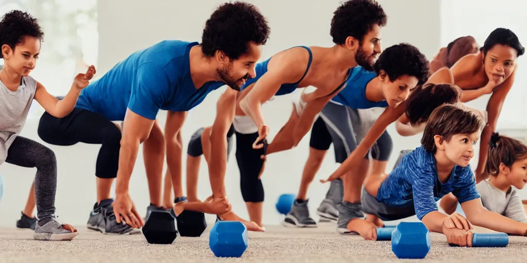 Image similar to a husband and wife exercising with four kids studying, award winning photo,