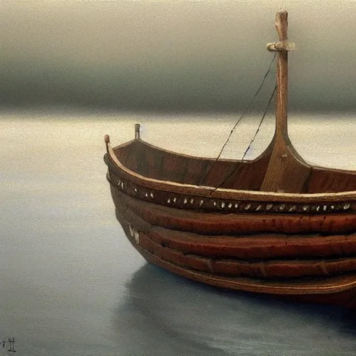 Prompt: of a viking longboat, filled with aed vikings lined with shields on a misty river realism painting