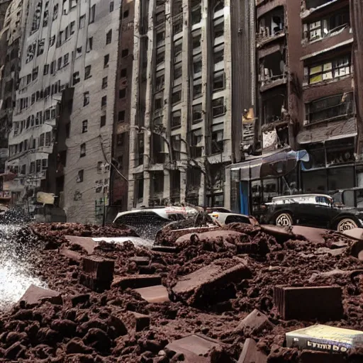 Image similar to tsunami of liquid chocolate on new york, post apocalyptic, cinematic ruin