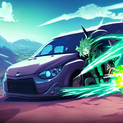 Prompt: dragon spits fire on a blue knight in a green hatchback car, close up, anime, desert landscape, greg rutkowski, Murata, one punch man manga,