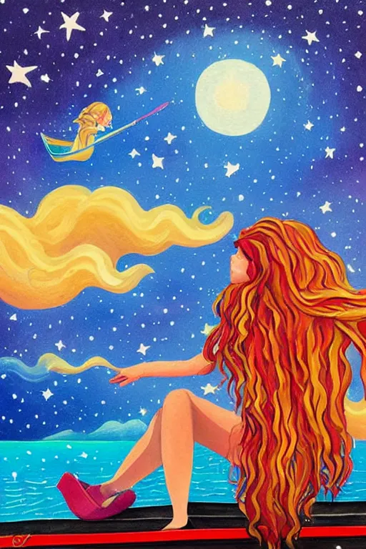 Prompt: a whimsical painting of a whimsical girl sitting in a boat in a lake with stars falling from the sky in the moonlight painted by jeremiah ketner