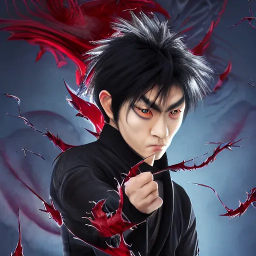 Image similar to demon martial artist, handsome japanese demon boy, young adult yokai with long spiky black hair, vampire, vantablack gi, simple clothes, red eyes, ultra realistic, intricate details, highly detailed, subsurface scattering, photorealistic, octane render, 8 k, art by artgerm, greg rutkowski, magali villeneuve, alphonse mucha