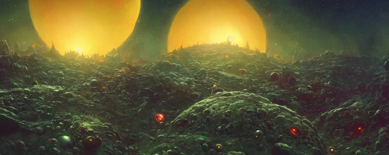 Image similar to ” outer planet with strange and mysterious eggs and larvae, [ art by paul lehr, cinematic, detailed, epic, widescreen, opening, establishing, mattepainting, photorealistic, realistic textures, octane render ] ”