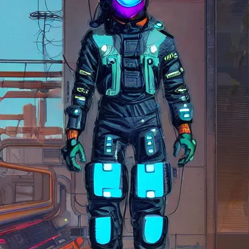 Image similar to Hosea. Apex legends cyberpunk pilot in jumpsuit. Concept art by James Gurney and Mœbius.