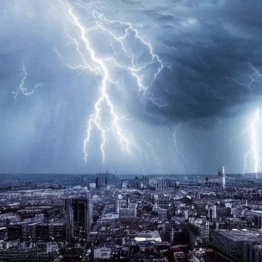 Image similar to enormous creature towering over a city during a thunderstorm, hyper realistic