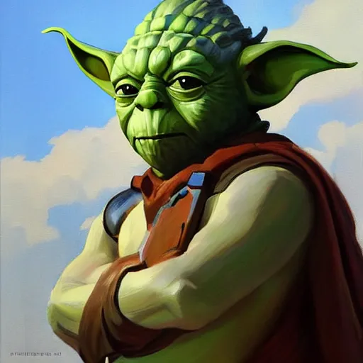 Image similar to greg manchess portrait painting of armored yoda as overwatch character, medium shot, asymmetrical, profile picture, organic painting, sunny day, matte painting, bold shapes, hard edges, street art, trending on artstation, by huang guangjian and gil elvgren and sachin teng