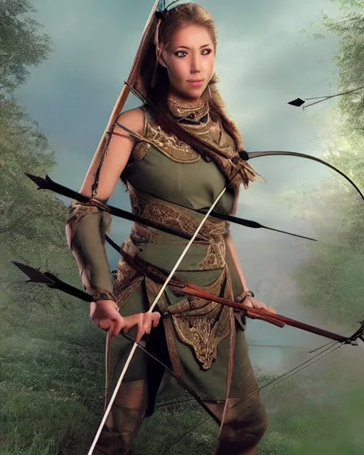 Image similar to very very realistic, photo of world, full body, women with a bow and arrow, female archer, warrior, realistic face