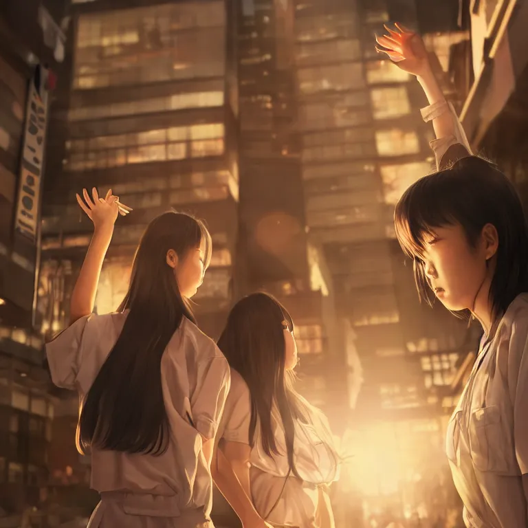 Prompt: two japanese schoolgirls fighting behind a 7 - 1 1 at night, intricate details, complementary lighting, detailed face, backlighting, octane render, raytraced, depth of field, extremely detailed, trending in artstation, focus on face, sharp focus, radiant light, beautiful composition, yihao ren, zochi, zero - hour, jean paul fiction