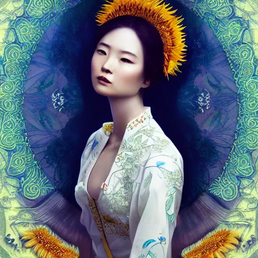 Prompt: taiwanese lady in white embroidered shirt, ukrainian national costume, filigree crown with blue and yellow textile embroidery sunflowers, intricate, elegant, digital painting, art nouveau, smooth, focus, rim light, charlie bowater, tom bagshaw, greg rutkowski