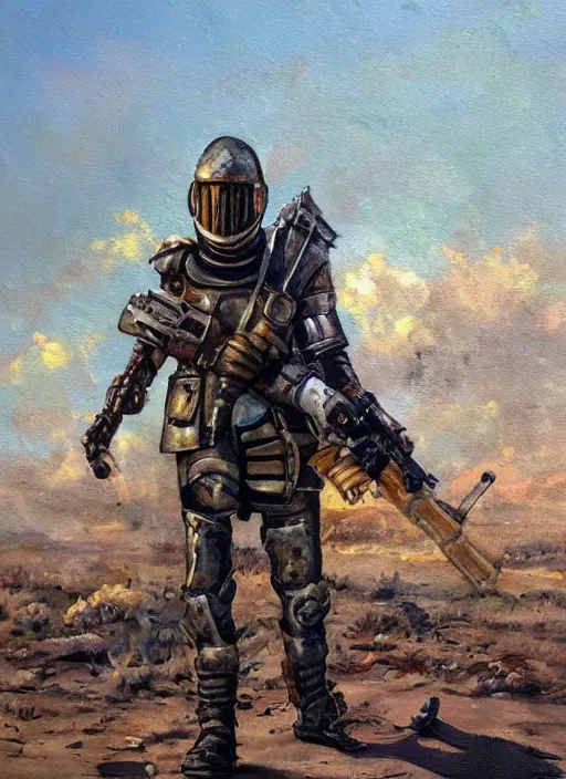 Prompt: a detailed painting of a man in post apocalyptic home made armour and a helmet holding a modified shotgun walking around a wasteland with a blue sky. hd. 1 9 5 0 s oil painting style.