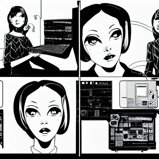 Image similar to twin sister models hacking into the mainframe of the pentagon, in the style of jamie hewlett and riyoko ikeda, black and white, photorealistic, epic, super cool