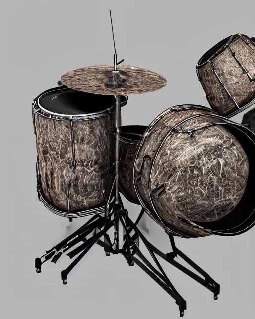 Prompt: a photo realistic drum kit made of skin, bone, sinew and muscle tissue, 8 k octane render highly detailed in the style of h. r. giger.