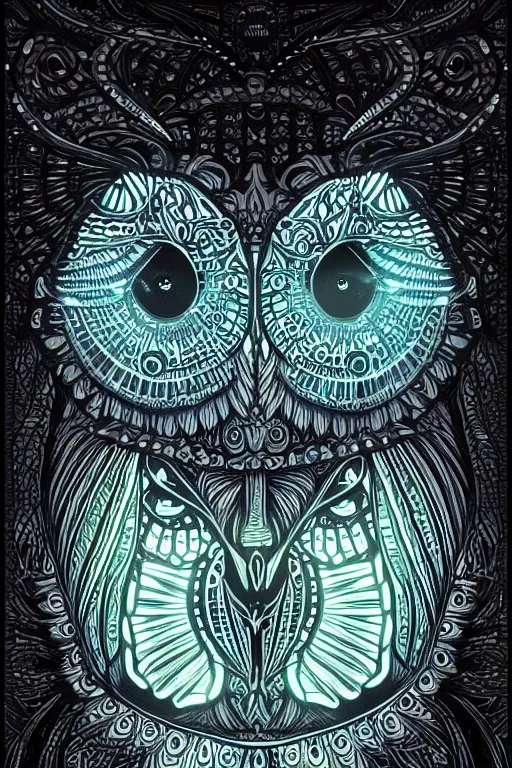 Prompt: luminescent owl, symmetrical, highly detailed, digital art, sharp focus, skeleton, trending on art station, glowing amber