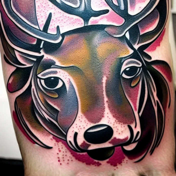 Image similar to full american traditional abstract tattoo art of a deer playing, fine detail, sheet paper