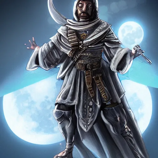 Image similar to moon theme magic rogue warrior with silver robes, highly detailed, 4k, HDR, award-winning, cinematic, artstation