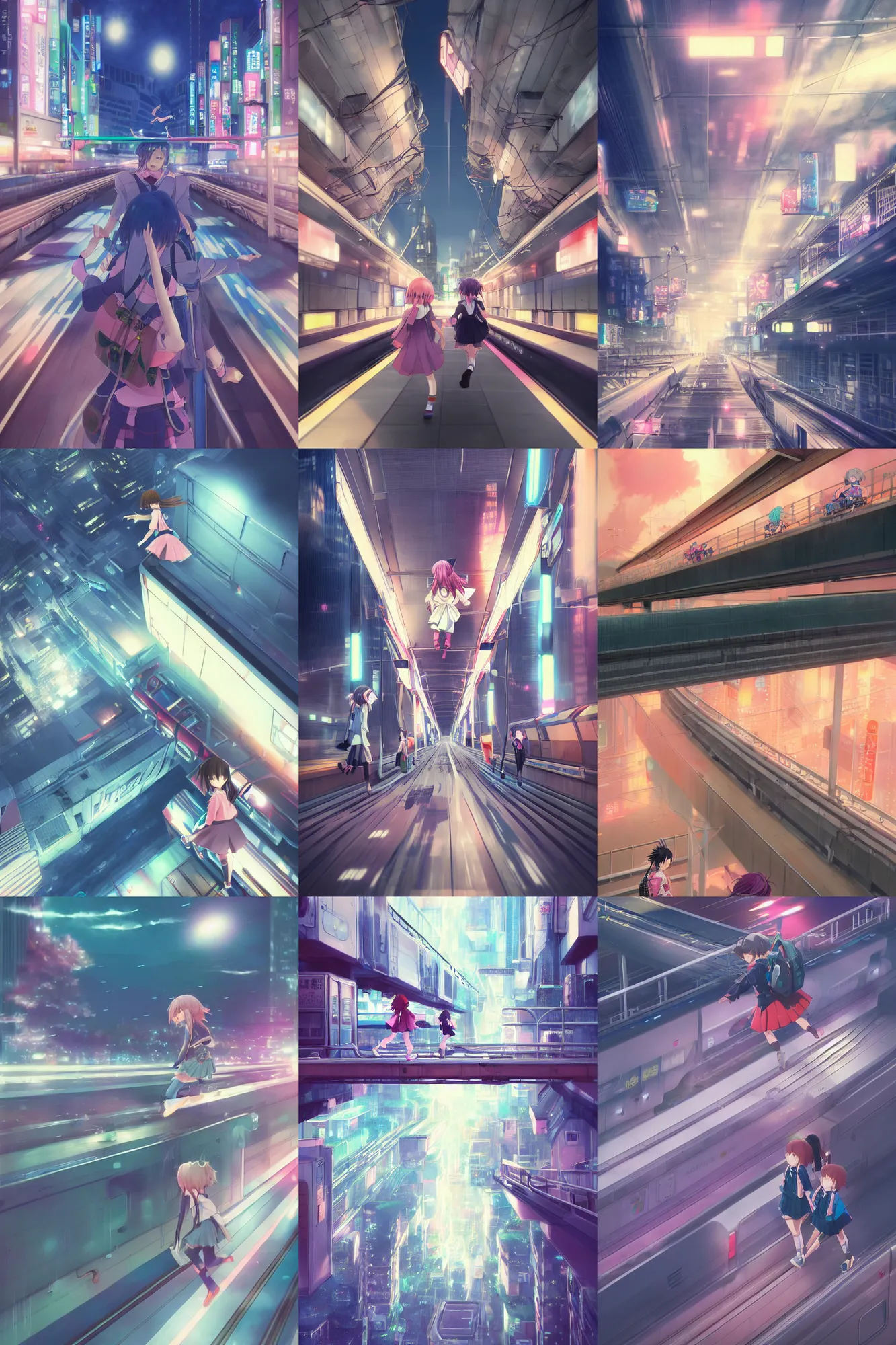 Prompt: 3d ultra realistic anime illustration, two schoolgirls flying on huge japanese elevated subway at night. deep composition. Pastel colors. style of Hiro Kiyohara anime. redshift, octane, trending on artstation, cinematic, polaroid