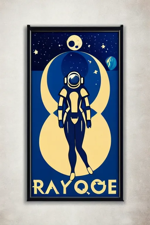 Prompt: art nouveau art deco travel poster. astronaut lady with a raygun in outer space, alien planets, framed poster