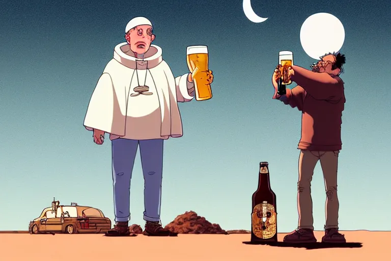 Image similar to a study of a cell shaded cartoon pope holding and drinking a beer on a desert road in front of a big moon, full body, wide shot, very muted colors, post grunge, studio ghibli, laurie greasley, highly detailed, deviantart, art by artgem