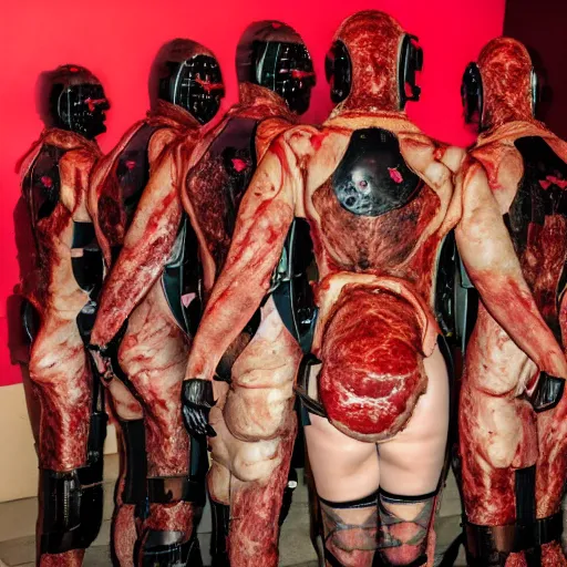 Image similar to love, diverse meat cybersuits, from behind, connection rituals, wide wide angle, vivid, elaborate, highly detailed, beautiful lighting