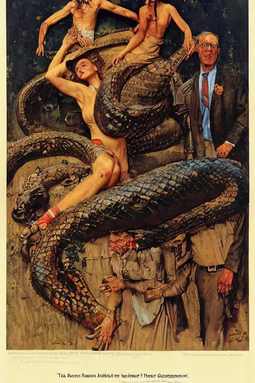 Image similar to giant serpent with human head, norman rockwell, jacob collins, tom lovell, frank schoonover, james gurney