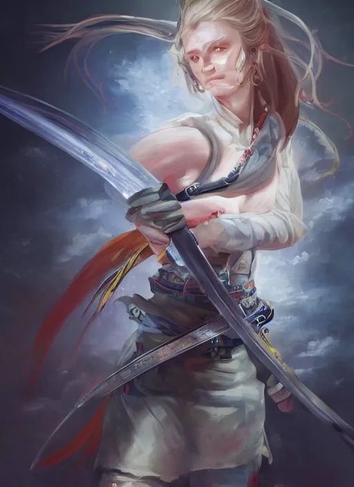 Prompt: a female war hero enchantingly [ unsheathes her brightly illuminated katana ]!!, with a [ disdain look on her face ]!, she positions it over her body readying for attacks, surrealism art!!, portrait!!, trending on cgsociety, 4 k quality, intricately detailed