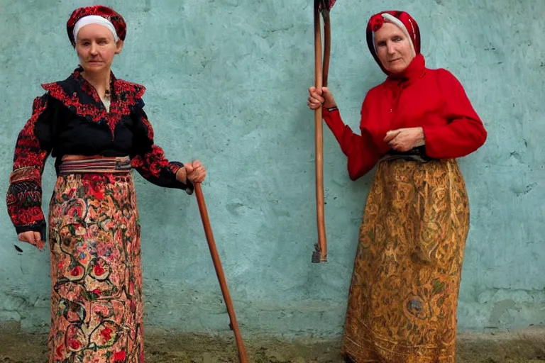 Prompt: romanian woman with scythe, drmatic ligthing, traditional romanian clothes